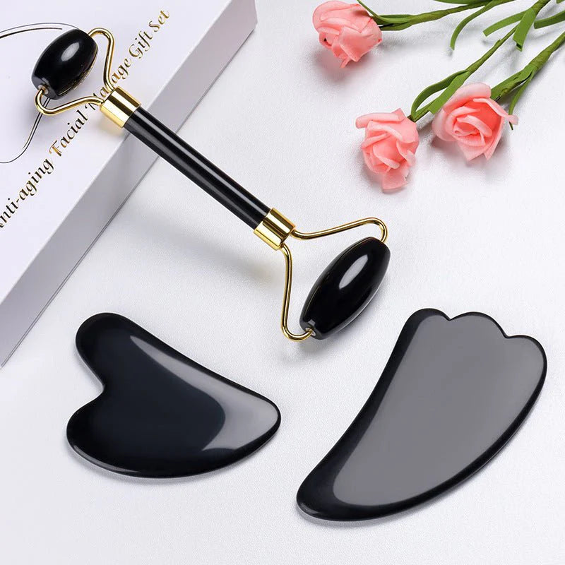 Jade Roller Guasha Set Black Genuine