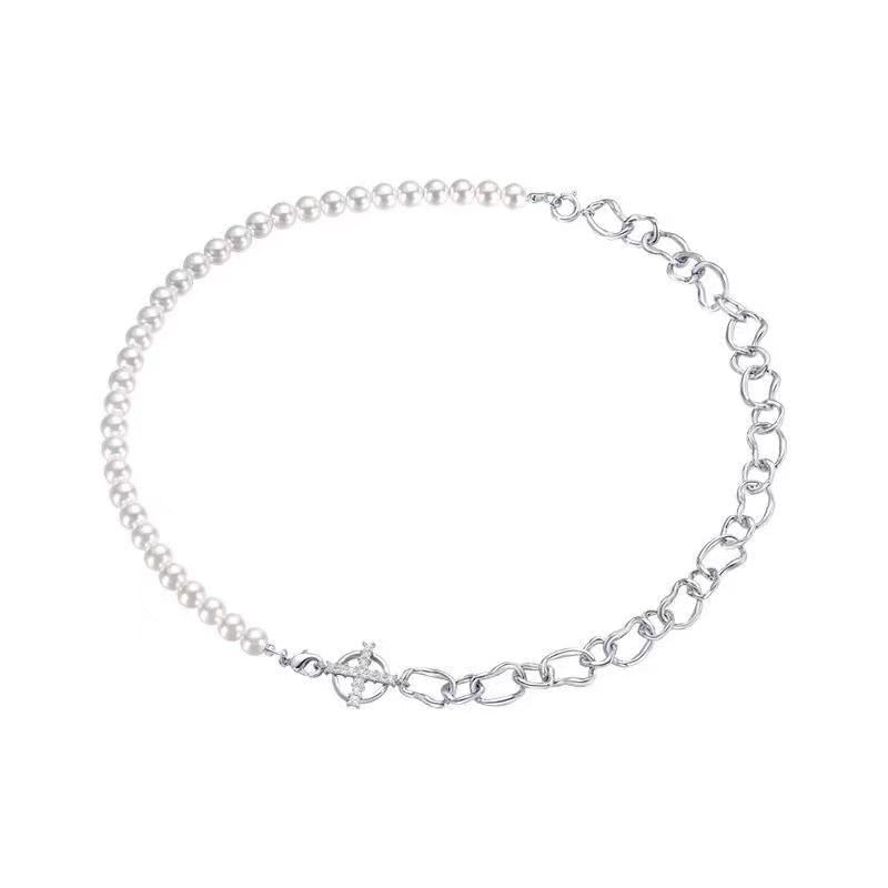 New Hoop And Pearl Chain Stitching Necklace